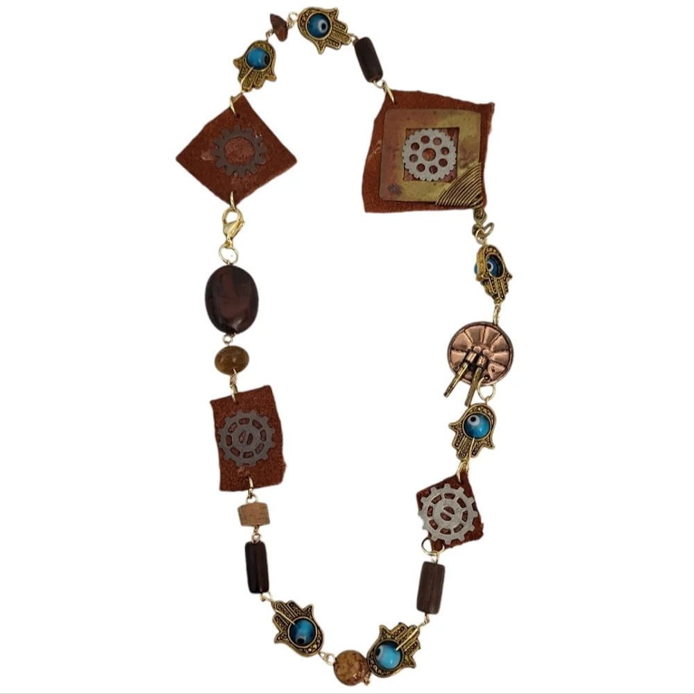 HAMSA HAND "Evil Eye" Gears Suede Steampunk Necklace